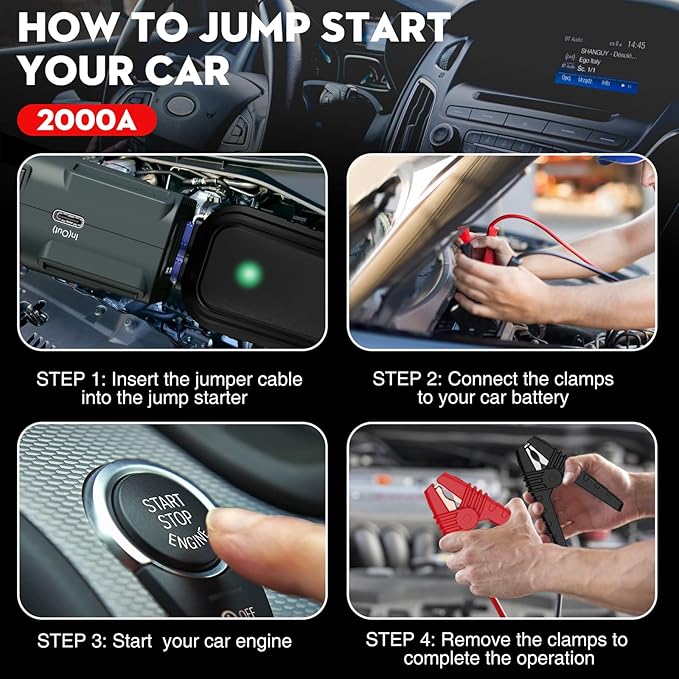 NEXPOW 2000A Peak Car Battery Jump Starter with USB Quick Charge 3.0 (Up to 7.0L Gas or 6.5L Diesel Engine), 12V Portable Battery Starter, Battery Booster with Built-in LED Light