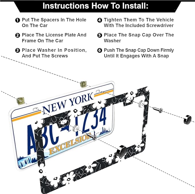 Black and White Flowers License Plate Frames - 2 Pcs Set 2 Holes Stainless Steel Metal Auto Car Accessories Decoration License Plate Frame Cover Size 6.3" x 12.2" Fit US Vehicles for Women Men Gift