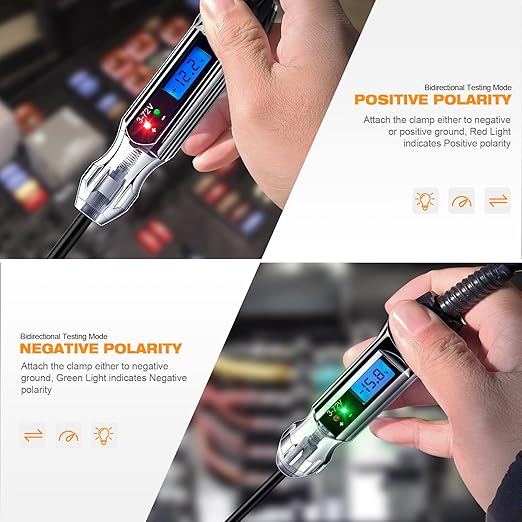 Heavy Duty 3-72V Backlit Digital LCD Circuit Tester, Automotive Test Light with 140 Inch Extended Wire and 2 Polarity Indicate LED Lights, Car Truck Low DC Voltage & Light Tester with Stainless Probe