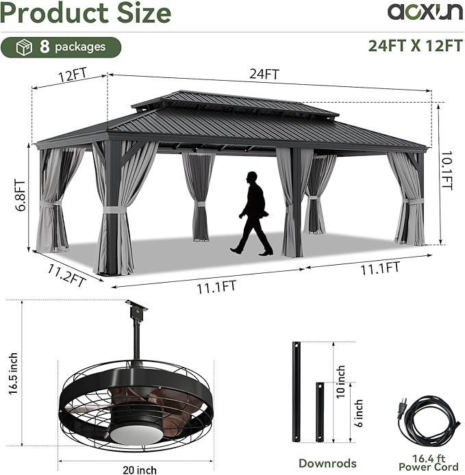Aoxun 12' X 24' Hardtop Gazebo with Drainage System, Aluminum Outdoor Gazebo with Galvanized Steel Double Roof, Patio Permanent Metal Pavilion with 20 inch Ceiling Fan, for Garden, Deck, Grey