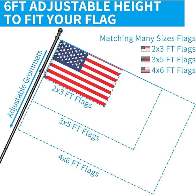 ZMTECH Flag Pole - Upgraded Bracket, 6 FT Stainless Steel Flag Poles for Outside House, Residential or Commerical, Tangle Free Flag Pole Kit for American Flag (Without Flag, Black)