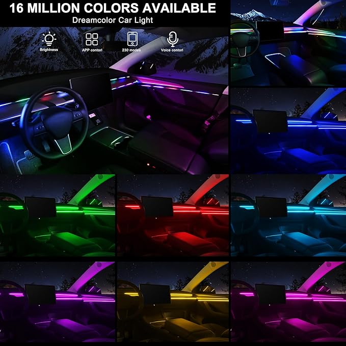 Dream+Color Acrylic Interior Car LED Strip Light with Wireless APP, RGB 6 in 1 with 175 inches 593 LEDs Fiber Optic Strip Lights for Car, Dynamic Chasing Music Sync Neon Ambient Lighting Kits