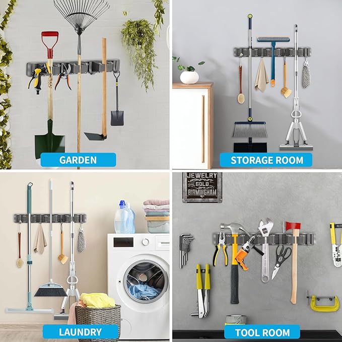 Broom Holder Wall Mount, Aluminum Mop and Broom Holder Hanger with 3 Racks and 4 Hooks, Mop Holder for Laundry Garage Tool Organization
