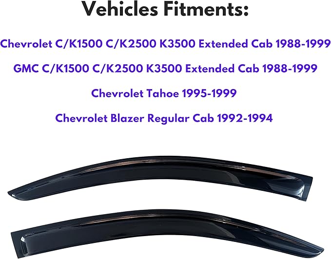 KPY Window Visor Compatible with Chevrolet Chevy & GMC C/K Series Extended Cab 1988-1999, 2PC Rain Guard Side Vent Deflector Tape-On Style, 1988 1989 1990 1991 1992 1993 1994 1995 1996 1997 1998 1999