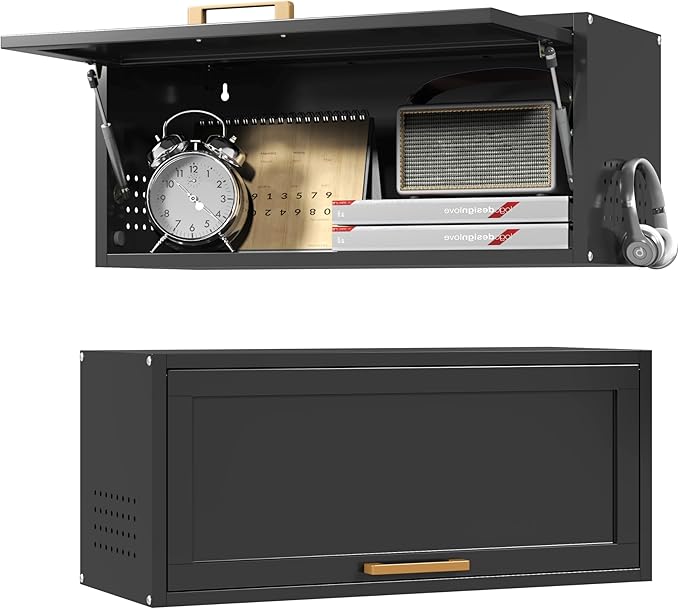 Metal Garage Wall Cabinet, Floating Tool Cabinet for Home, Office, Kitchen, Basement, Warehouse - Black with Up-Flip Door, Wall Mounted, Assembly Required