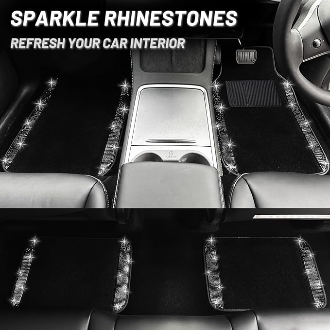 NBTEPEM Black Bling Car Floor Mats Full Set, Universal Fit Most Cars,SUV, Trucks, 4 pcs Sparkle Glitter Diamond Carpet for Women Girls with Anti-Slip Pad (Black Diamond)