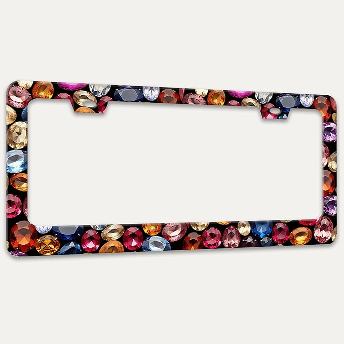 Beautiful Gemstone Pattern License Plate Frame Bling License Plate Holders Funny Stainless Steel Auto Accessory Bracket 2 Hole With Screws Universal Us Car License Plate Frames 6x12 Inch For Women Men