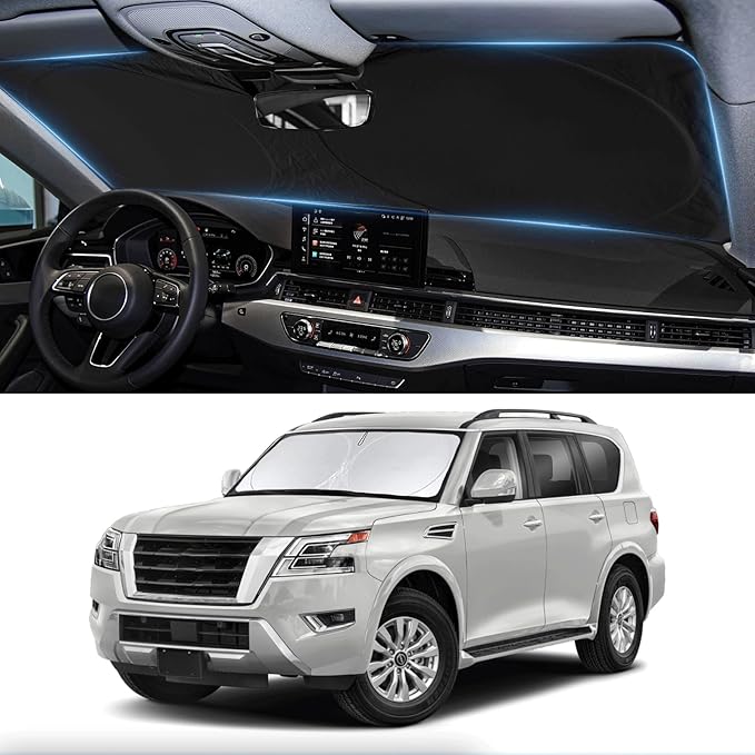 Custom Fit Armada Windshield Sunshade for 2017-2024 2025 Nissan Armada Accessories Front Window Car Shades Shield Cover for Windshield 210T Silver Coating Sun Visor Protector Reflector Blocks UV