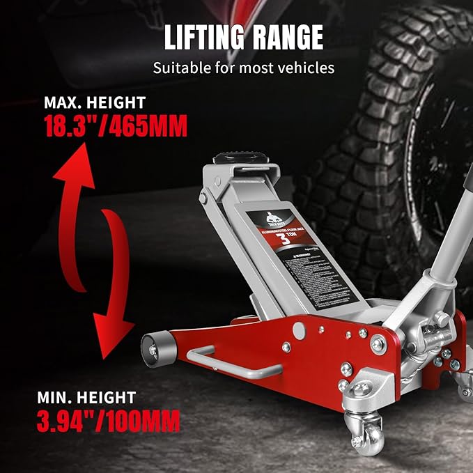 3 Ton Low Profile, Aluminum and Steel Racing Floor Jack with Dual Pistons Quick Lift Pump for Sport Utility Vehicle, Lifting Range 3-15/16" min to 18-5/16" max, Net Weight 58.5 lb, Red