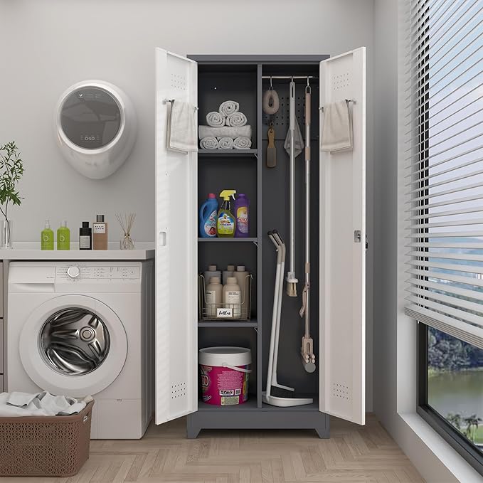 Metal Cabinets with Doors and Adjustable Shelves, 65" H Lockable Storage Cabinet, Grey-White Utility Cabinet for Brooms and Mops for Home,Kitchen,Garage