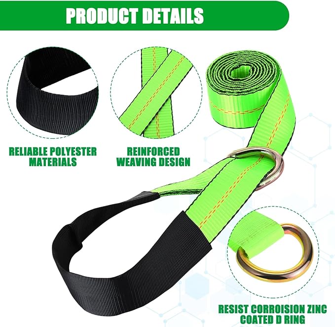 8Pack 2" X 10 ft Tow Truck Straps Lasso Wheel Lift Straps Lasso Tow Strap with D Ring 11, 000 Lbs Break Strength Auto Tie Down Auto Hauler for Trailer Truck Tie (Green)