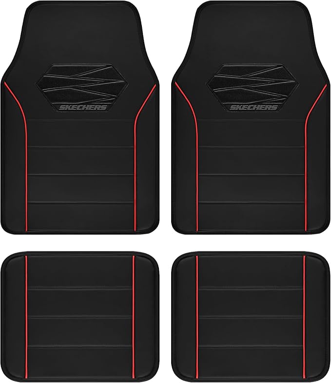Skechers Memory Foam Car Mats,Leather Piping Floor Mats with Anti-Slip Pad,Universal Waterproof Fit Automotive Floor Mats for SUV,Vans,sedans,Trucks,Full Set 4pcs Red