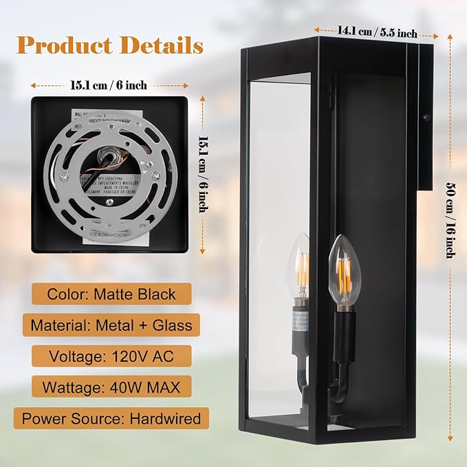 Outdoor Wall Lights 16 Inch Large, 2 Pack Black Modern Exterior Lighting Fixtures Wall Mounted with 2 Candle Light, Waterproof Outside Sconce Coach Garage Lanterns Porch Lamps for House E12