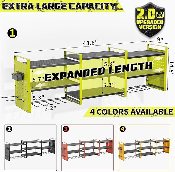 Power Tool Organizer with Charging Station Wall Mount, 3 Layer Expanded Heavy Duty Garage Organization, 48.8 Inch Length Garage Tool Storage, 4 Drill Slot, 16" Standard Hole, Green