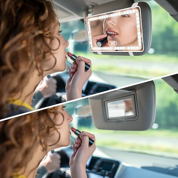 Car Sun Visor Vanity Mirror with Lights, 2 Pcs Rechargeable Car Makeup Mirror Accessories, Birthday Gifts for Women Girl, 3 Light Modes, Dimmable Touch Led Screen, Universal for Car Truck