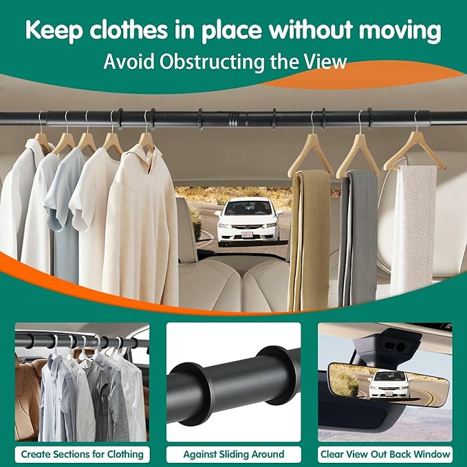 Car Clothes Hanger Bar, Heavy Duty Telescopic Clothes Rod for Cars 30–62 Inches, Wrinkle Free Clothes Rack for Sedans, SUVs, Trucks, and Most Other Vehicles, Suitable for Daily and Travel Use