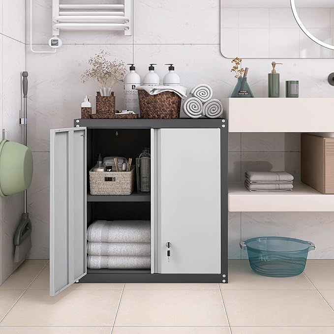 LUCYPAL Garage Wall Cabinet,Metal Wall Storage Cabinet with Adjustable Shelf and Locking Doors,Floating Utility Cabinets for Warehouse/Basement/Kitchen (Black&Grey,27.95" H)