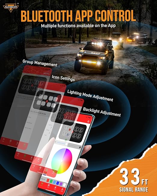Auxbeam 8 Gang Switch Panel AR-820 Bluetooth RGB Switch Pod Automatic Dimmable Multifunction Switch w/Toggle Momentary Pulsed Control Panel for UTV ATV Truck Car RV Boat Waterproof 2 Years Warranty