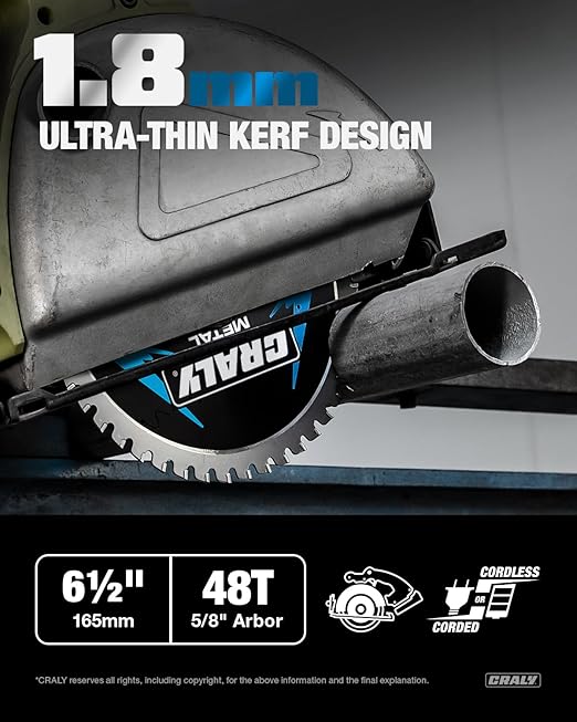 CRALY 6-1/2 Inch 48 Teeth Steel and Ferrous Metal Cutting Circular Saw Blade, 5/8 Inch Arbor, Thin Kerf, Professional Carbide Tipped Blade for Angle Iron, Threaded Rod, EMT Conduit(C0648MC)