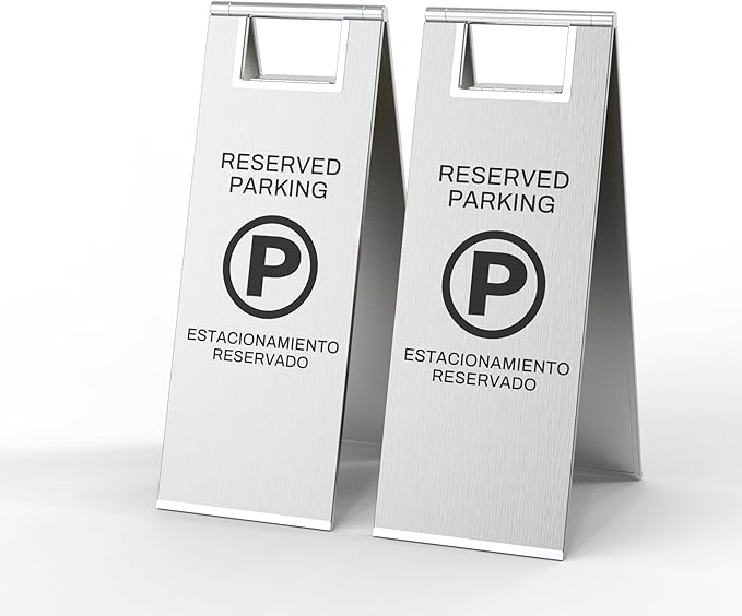 Reserved Parking Sign – Foldable Heavy Duty Plastic A-Frame with Bold “P” Symbol, Bilingual English & Spanish – 24" Tall Reserved Spot Marker for Storefront, Driveway, Garage – Silver
