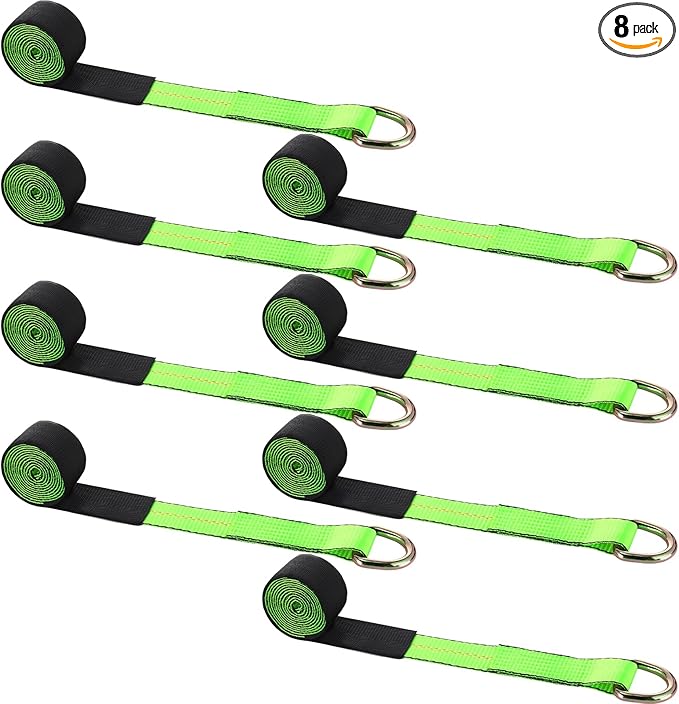 8Pack 2" X 10 ft Tow Truck Straps Lasso Wheel Lift Straps Lasso Tow Strap with D Ring 11, 000 Lbs Break Strength Auto Tie Down Auto Hauler for Trailer Truck Tie (Green)