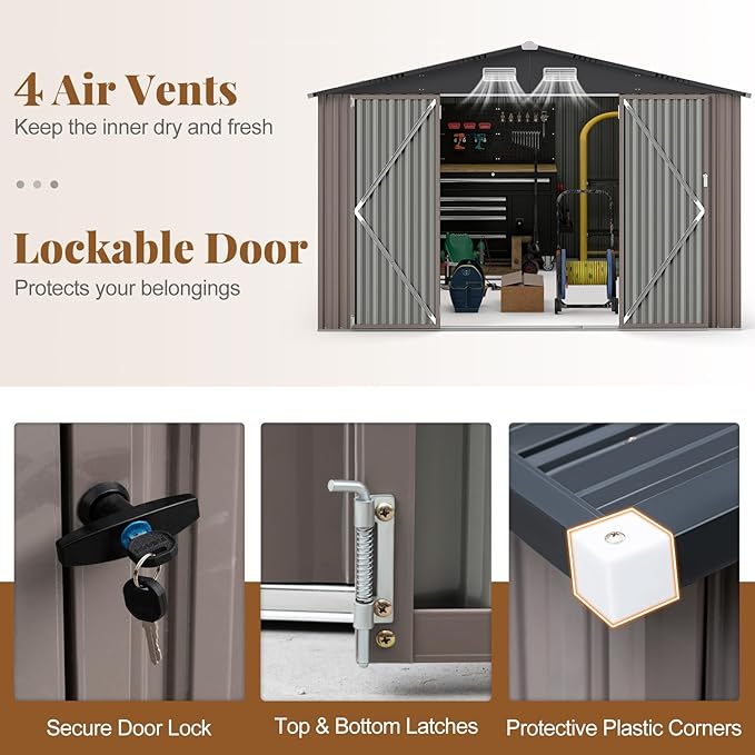 Goplus 10 x 14 FT Outdoor Storage Shed, Large Garden Tool House w/Improved Windproof Metal Structure, 4 Vents, Lockable Door, Waterproof Utility Tool Organizer for Backyard, Lawn, Patio