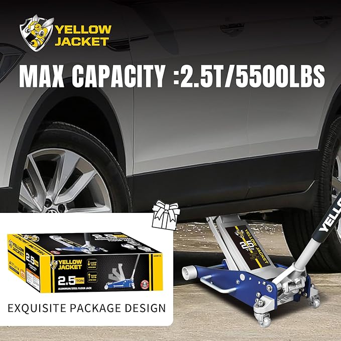 YELLOW JACKET Floor Jack 2.5 Ton Hydraulic Low Profile Aluminum and Steel Racing Car Jack with Fast Lifting Dual Pump, 5500 lbs Capacity