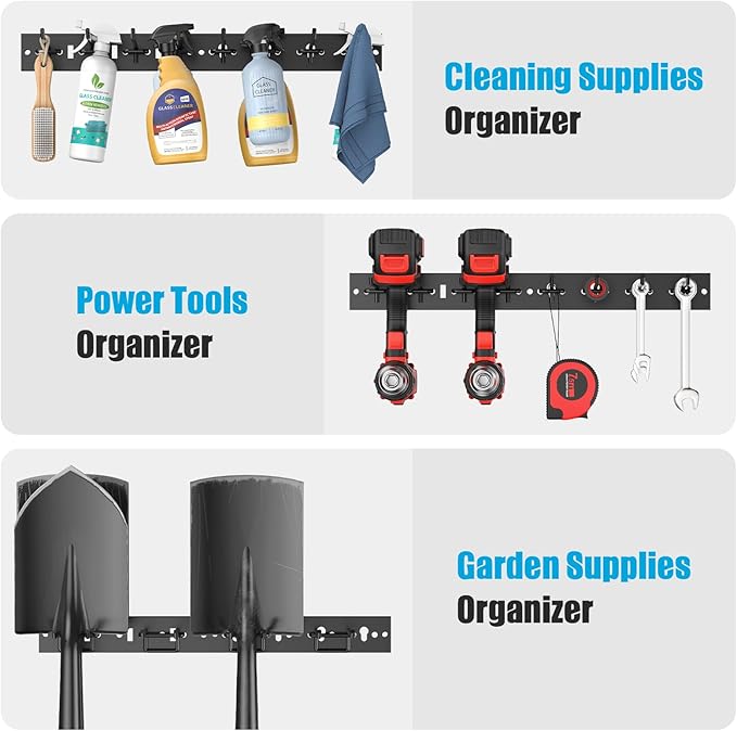 CCCEI 3 Modular Pegboard Strip Storage, Metal Peg Slat Wall Mount for Garage, Basement, Garden, Laundry Room Organization. Flexible Tool Organizer for Rake, Shovels, Crafting. Gifts for Men, Black.