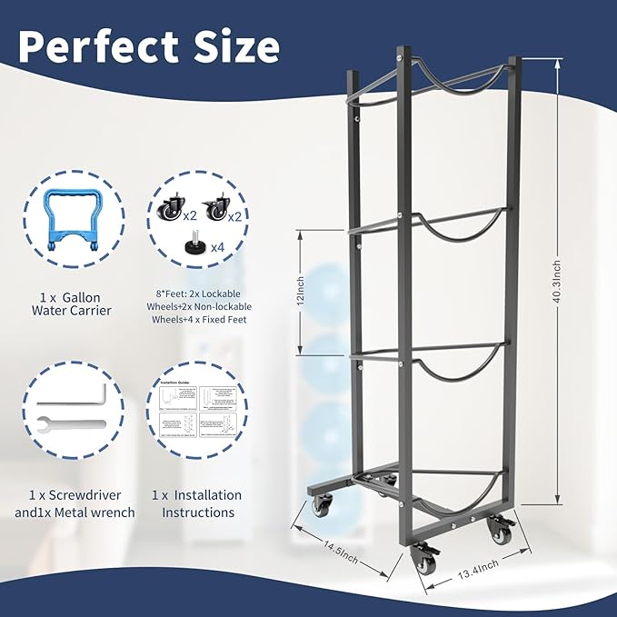 5 Gallon Water Bottle Holder: 4 Tier 5gal Water Jug Storage Rack with 4 Wheels for Home Kitchen Garage - Space Saving & Black
