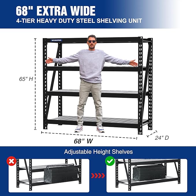WORKPRO 68" Ultra Wide 4-Tier Metal Garage Shelving Unit, 68"W x 24"D x 65"H, 7200 LBS Capacity, Heavy Duty Storage Utility Rack, Industrial Adjustable Shelves for Shop Warehouse Basement, Pack of 10