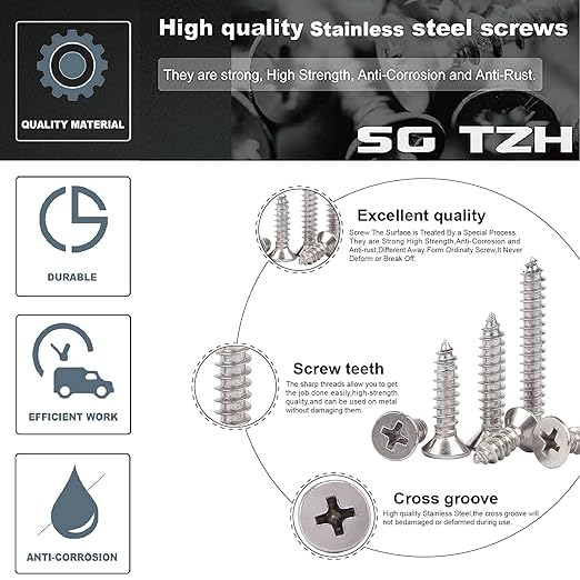 #10 x 1-1/2" Wood Screw 100Pcs 18-8 (304) Stainless Steel Screws Flat Head Phillips Fast Self Tapping Drywall Screws by SG TZH
