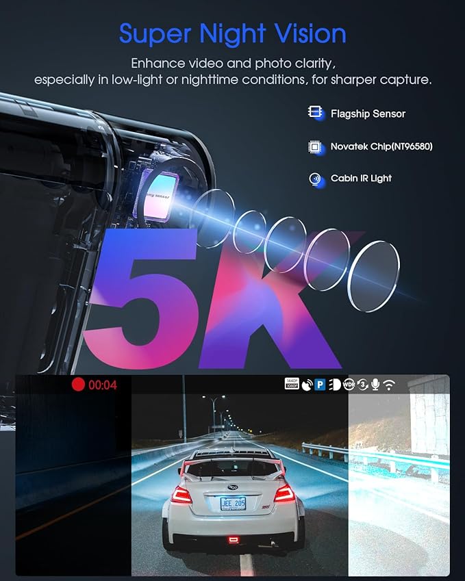5K 3 Channel Dash Cam, Wi-Fi GPS with 64GB Card, 4K+1080P+1080P Front and Rear Inside Triple Car Camera with 3'' IPS Screen, IR Night Vision, Voice Control, 24H Parking Monitor, 512GB Max