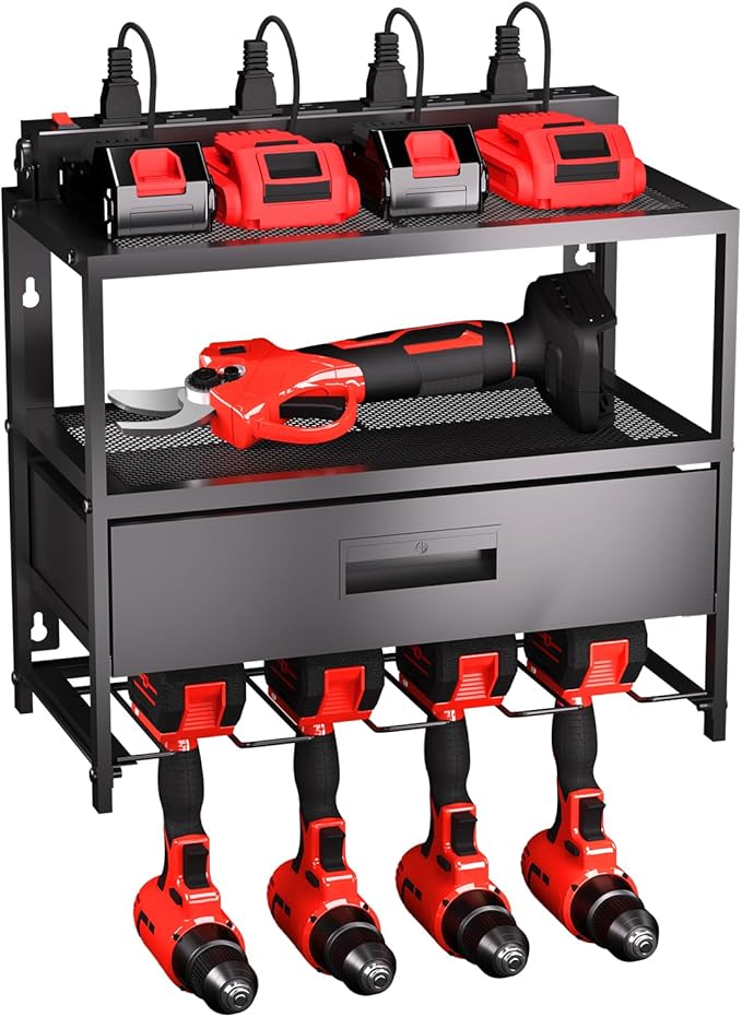 Veitorld Power Tool Organizer with Charging Station, Garage Tool Storage Organizer Built in 8 Outlet Power Strip with Drawers, 6 Drill Holder Wall Mount, Gifts for Men Dad Husband Him Fathers Day