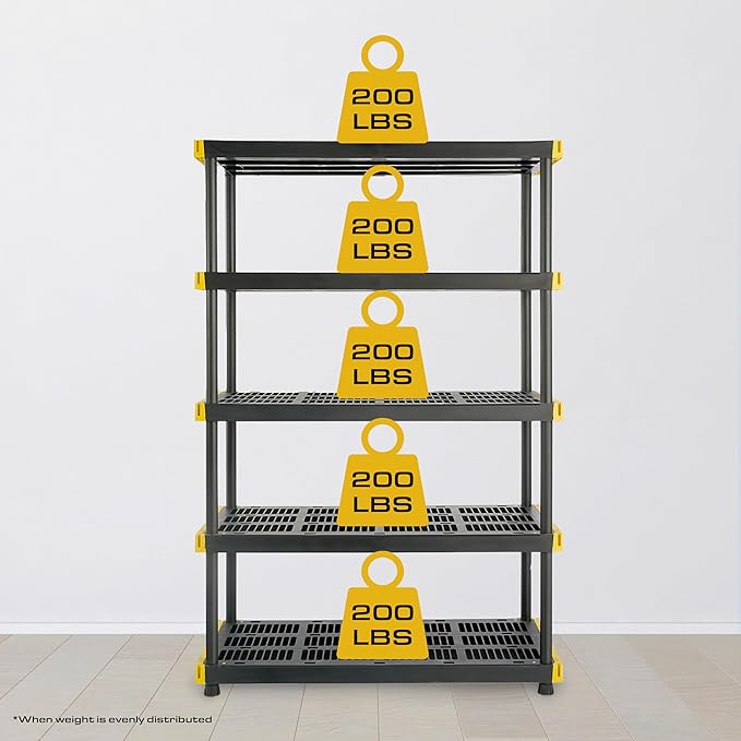 CX Black & Yellow®, 5-Tier Heavy Duty Plastic Storage Shelving Unit, 200lbs/shelf (72”H x 48”W x 20”D), for Indoor/Outdoor Organization, Modular Rack
