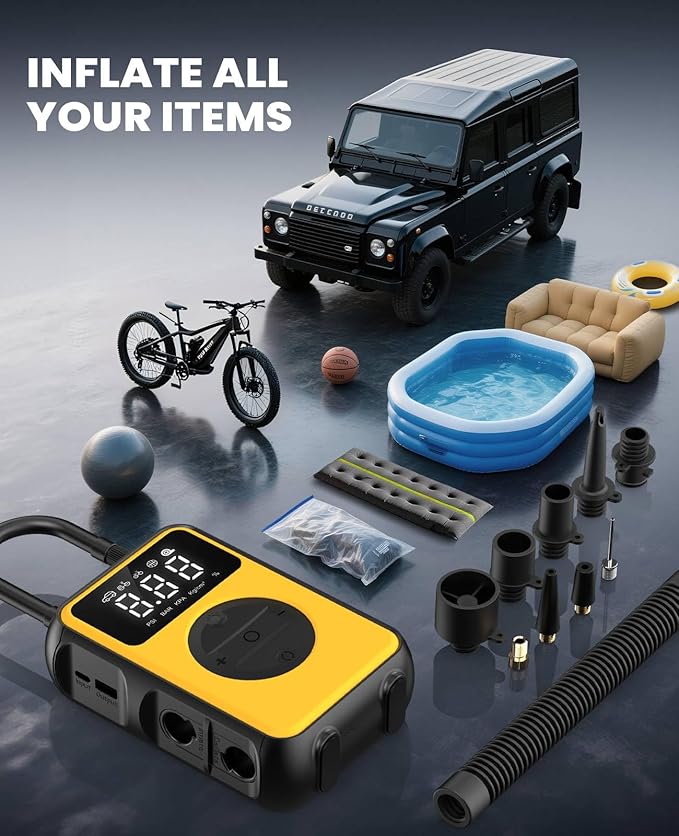 Tire Inflator Portable Air Compressor, Dual Pressure-150PSI High Pressure Mode & 4.0 kPa Large Volume Mode For Car, Bicycle Tires, Air Mattresses and Inflatables