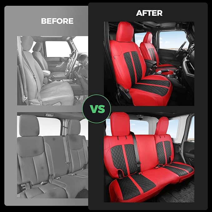for Jeep Wrangler Seat Covers 4Door JK 2013 2014 2015 2016 2017, Custom Fit Car Seat Cover Full Set, Luxury Leather Seat Protectors, Waterproof SUV Interior Cushions Accessories, Red Black