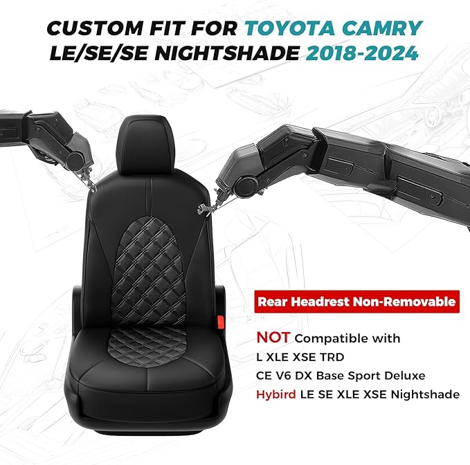 for Toyota Camry Seat Covers LE SE SE Nightshade 2018 2019 2020 2021 2022 2023 2024 - Custom Car Seat Covers Full Set, Waterproof Breathable Leather Seat Covers for Cars, Black Not for Hybrid
