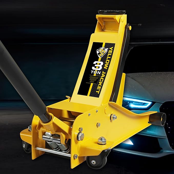 YELLOW JACKET 3 Ton Hydraulic Floor Jack Dual Pump for Quickly Car Lift, Low Profile Service Jack, 6600 lb Capacity