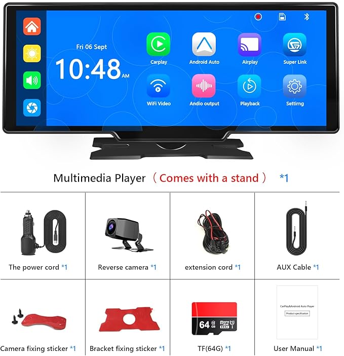 Portable Carplay Screen for Car, 9.28" HD Carplay and Android Auto Screen, Touch Screen with 4K Dash Cam,Audio Receivers GPS Navigation, Mirror Link, Car Play, AUX,Siri,AirPlay