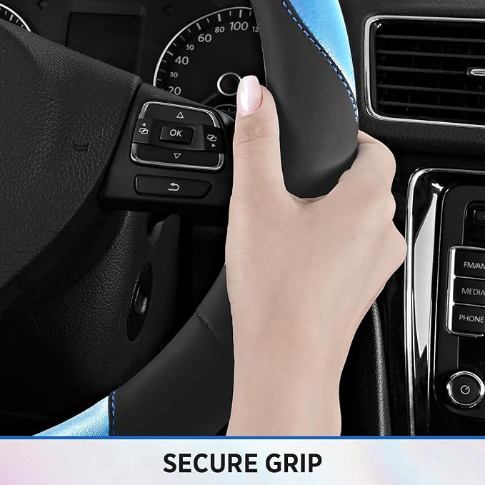 Road Comforts Steering Wheel Cover – Breathable Leather Steering Wheel Cover, Anti-Slip Grip, Universal Fit 14.5” to 15”, Heat & Cold Resistant for Cars, SUVs, and Trucks – Black & Dark Blue