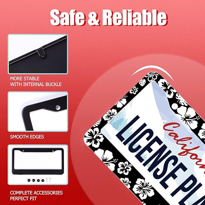 【2Pcs】 White Hibiscus Hawaii License Plate Frames Round Hole Personalise License Plate Frame Car Universal Accessories Stainless Steels Cars Decor Fits Standard US Vehicles Size: 12.2 x 6 Inches