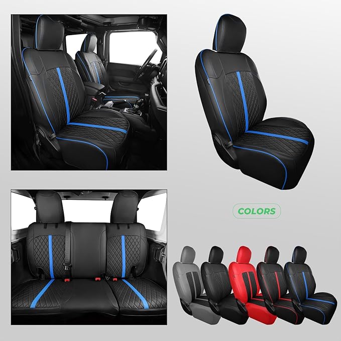 for Jeep Wrangler Seat Covers 4Door JK 2013 2014 2015 2016 2017, Custom Car Seat Cover Full Set, Luxury Leather Seat Protectors, Waterproof SUV Interior Cushions Accessories, Black Blue Trim