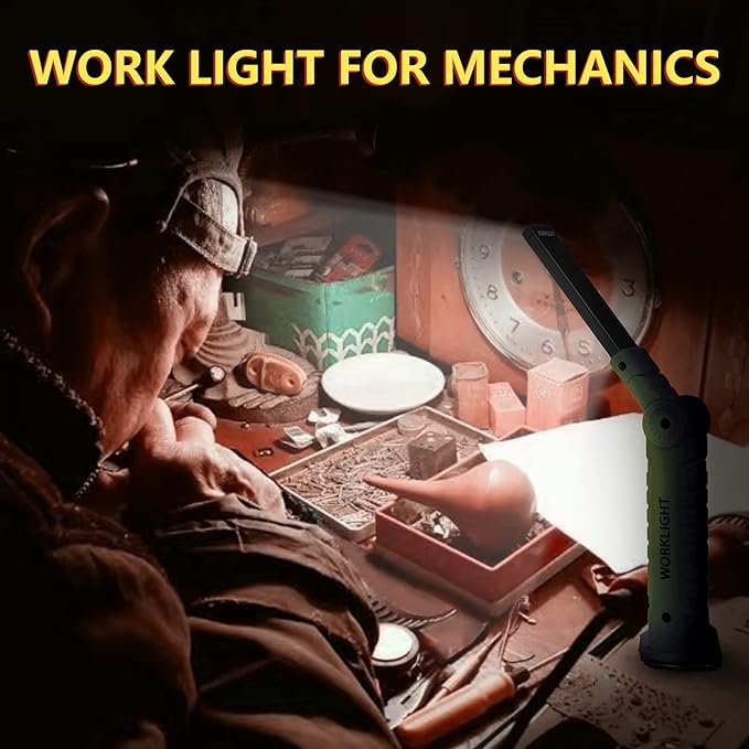 Suranew LED Worklight Flashlight, COB Rechargeable Work Lights with Magnetic Base 360 Degree Rotate and 5 Modes Portable Flood Light Inspection Construction Light for Car Repair (Army Green, 2 Pack)