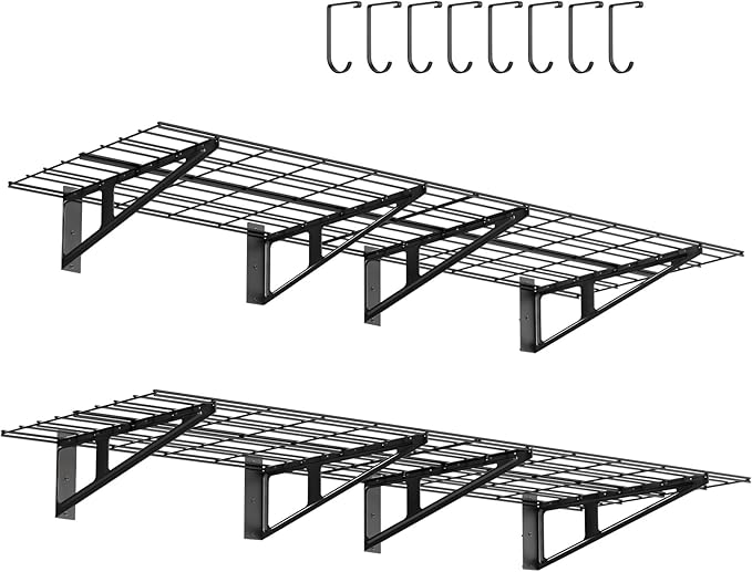 2-Pack Garage Wall Shelving, 2x6 FT Garage Shelving Wall Mounted, Heavy Duty Metal Shelves with 8 Bike Hooks, 1200lbs Load Capacity Floating Shelves, 24-inch-by-72-inch Wire Shelving Wall Mounted