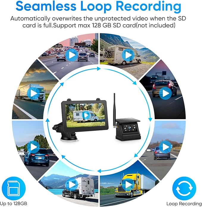 Magnetic Solar Wireless Backup Camera System with 7" IPS Touchscreen Monitor, 2K Rechargeable Auto On Off Rear View Camera with DVR Loop Recording for RV, Camper, Trailer, Trucks