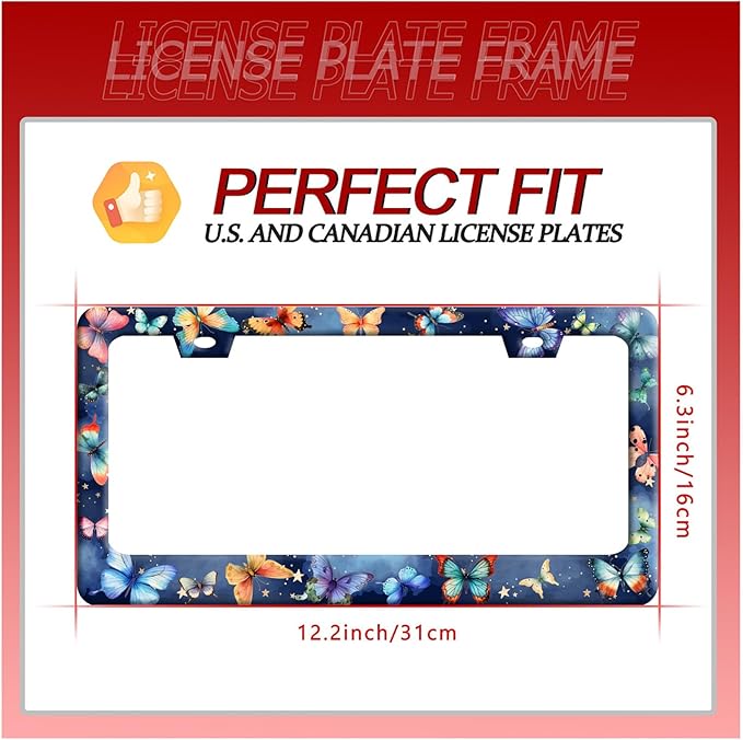 Colorful Butterfly License Plate Frame Fantasy Butterflies License Plate Frames Funny Stainless Steel Accessories Cars Decor with 2 Holes and Screws Fits Standard Us Ca Vehicles Holder 12.2 X 6 Inch