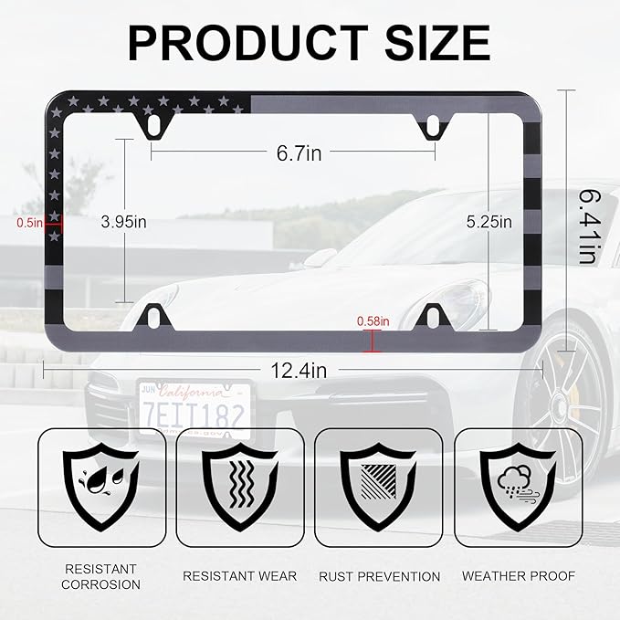 LivTee American Flag License Plate Frames, 4 Holes Stainless Steel License Plate Covers, 2PCS Car License Plate Holder, Automotive Exterior Accessories, Black-Gray