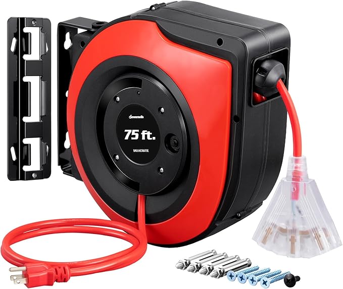 DEWENWILS Retractable Extension Cord Reel, 75 FT Heavy Duty Power Cord, 14/3C SJTOW Retractable Cord Reel, Lighted Triple Outlets, 10A Circuit Breaker, Wall/Ceiling Mount, UL Listed, Red