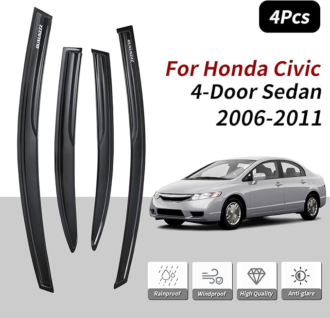 Rain Guards Side Window Visor Vent Outside Mount, 4PCS Fits for Honda Civic 4-Door Sedan 2006 2007 2008 2009 2010 2011
