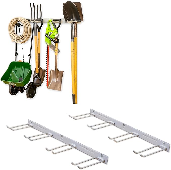 StoreYourBoard Wall-Mounted Rack With 4 Garage Hooks – Heavy-Duty Steel Holder Garage & Garden Storage for Shed, Workshop, or Home Organization – For Rakes, Shovels, Tools & More – 2 Pack, Gray